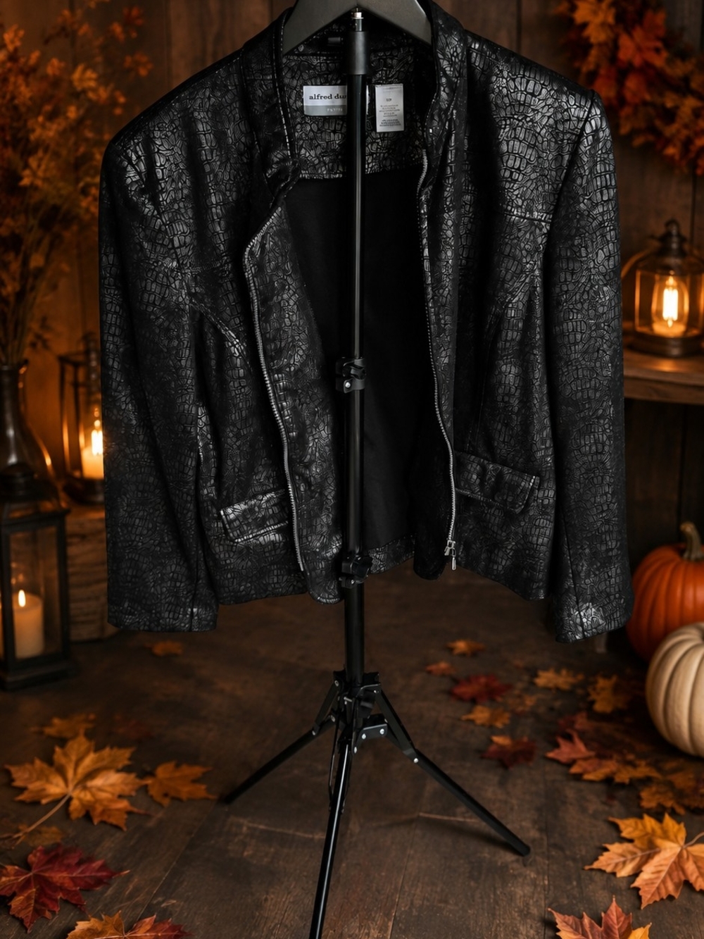 Alfred Dunner Black Croc-Embossed Bomber Jacket